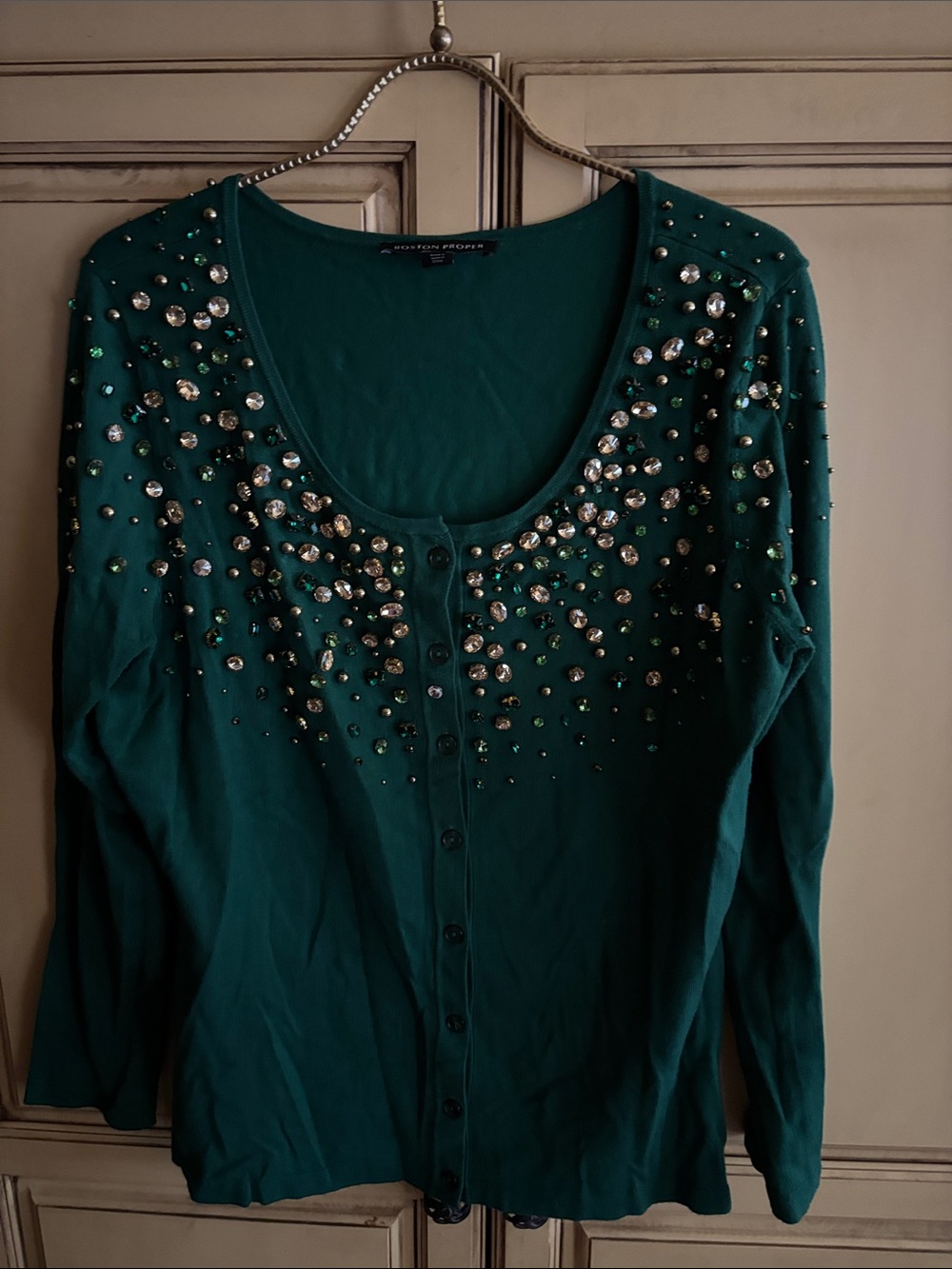 Boston Proper Teal Green Embellished Button-Down Top